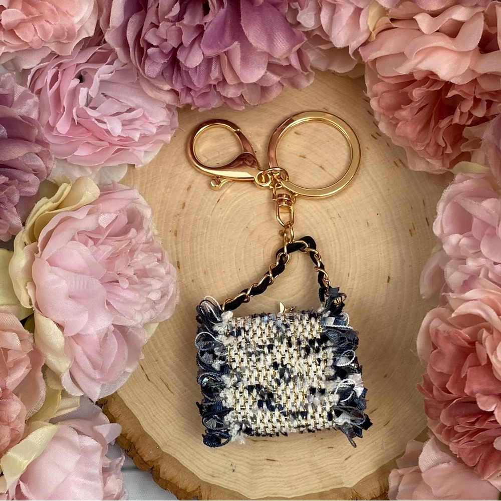 Blue and Black Textured Fabric Handbag Keychain Charm - Picture 12 of 16